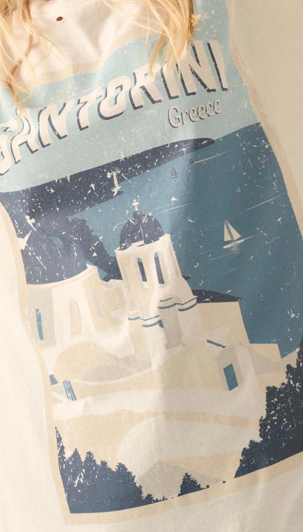 Santorini Travel Poster Distressed Graphic Tee - Sprig Flower Co