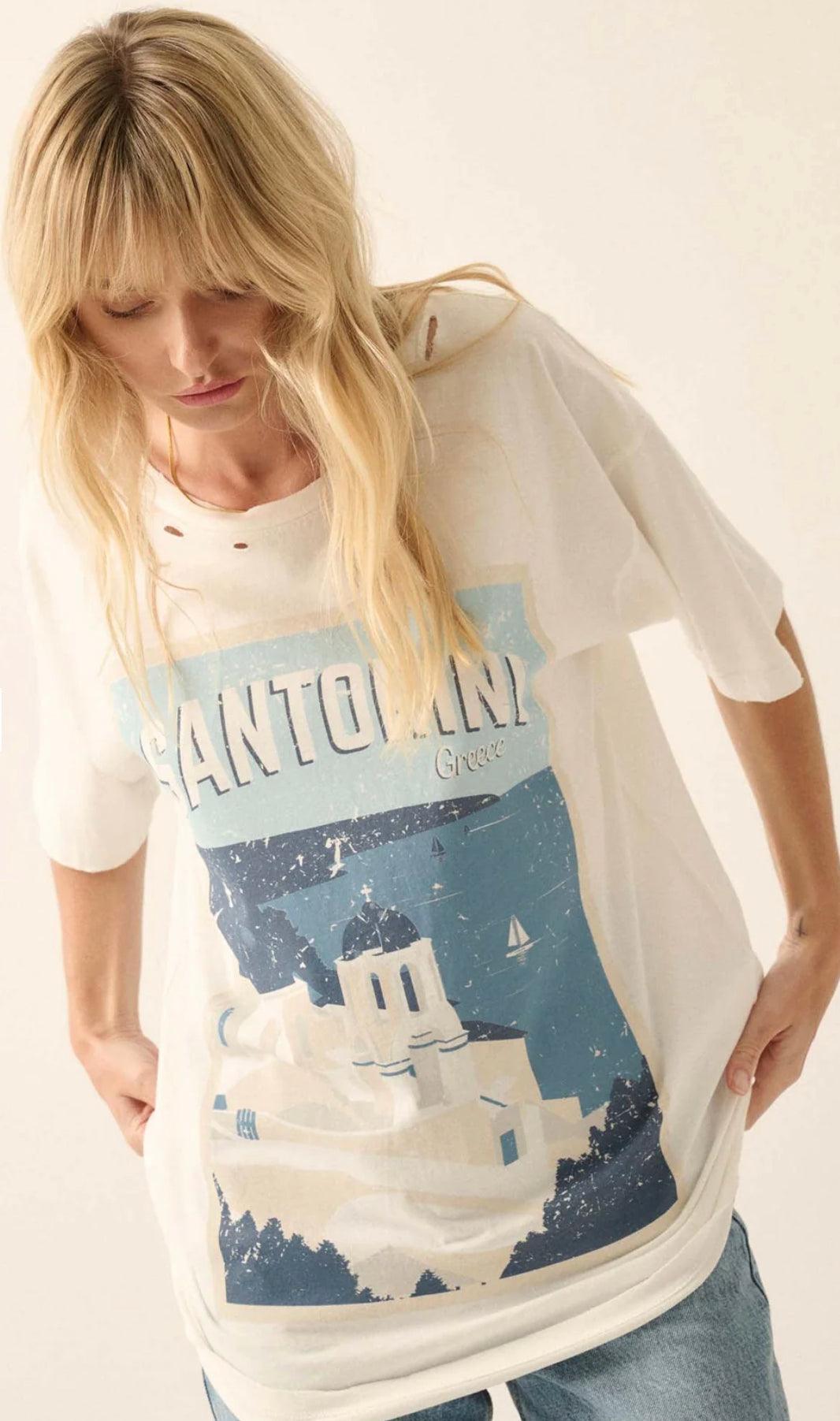 Santorini Travel Poster Distressed Graphic Tee - Sprig Flower Co